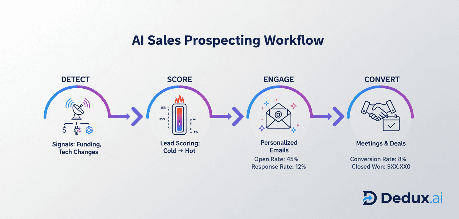 AI Sales Prospecting Workflow: Detect signals, Score leads, Engage with personalized emails, Convert to meetings